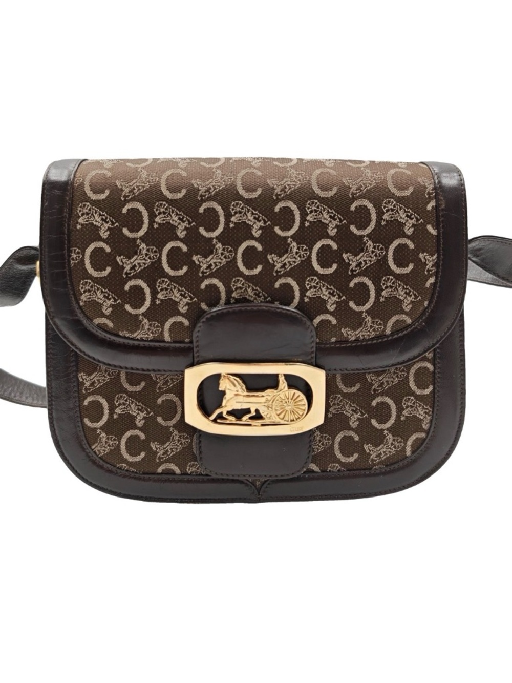 Celine Vintage Triomphe Canvas Leather Crossbody Bag Brown Gold Horsebit Buckle